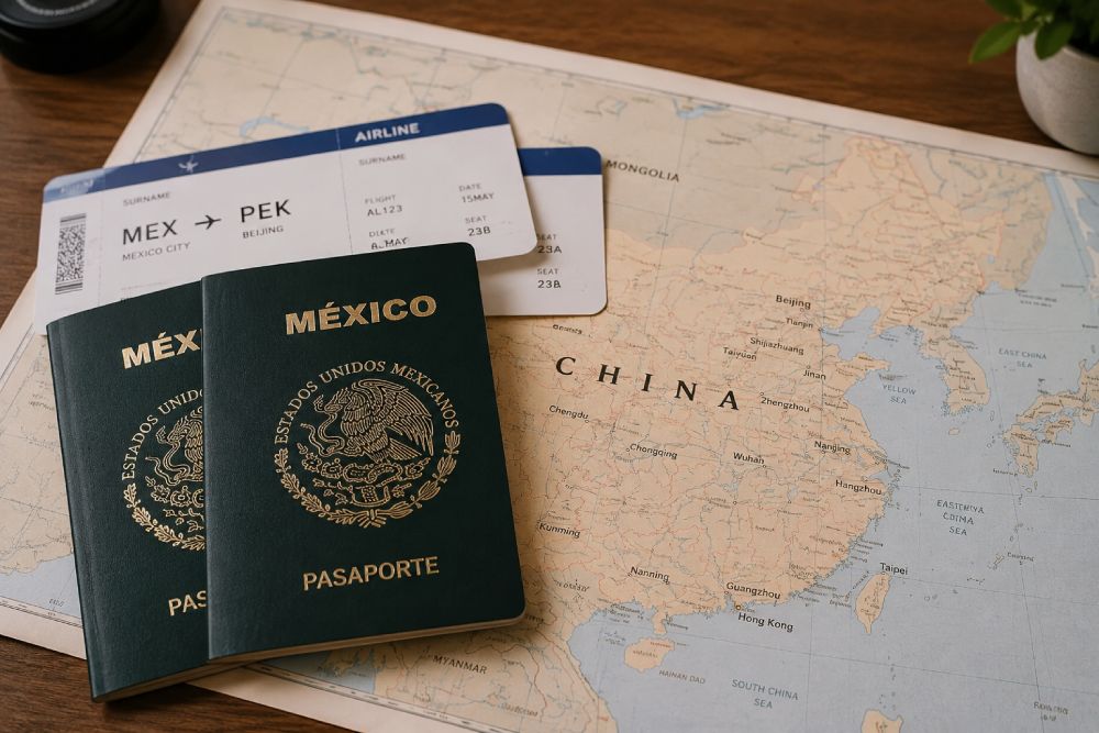 Pasaportes sobre la mesa, junto con un mapa de China, y boletos a China